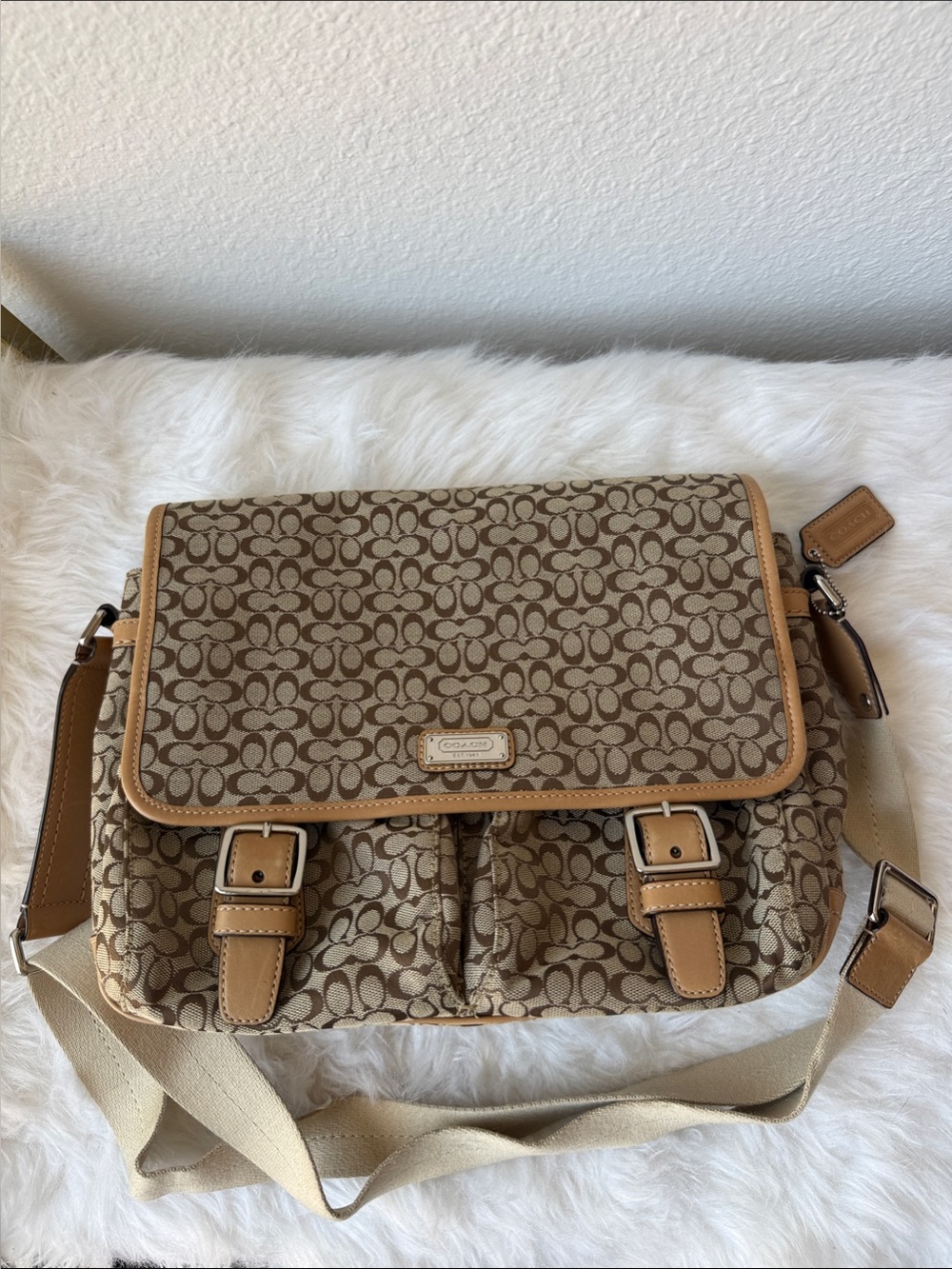 Vintage Coach Tan & Khaki Signature Canvas Messenger Bag
